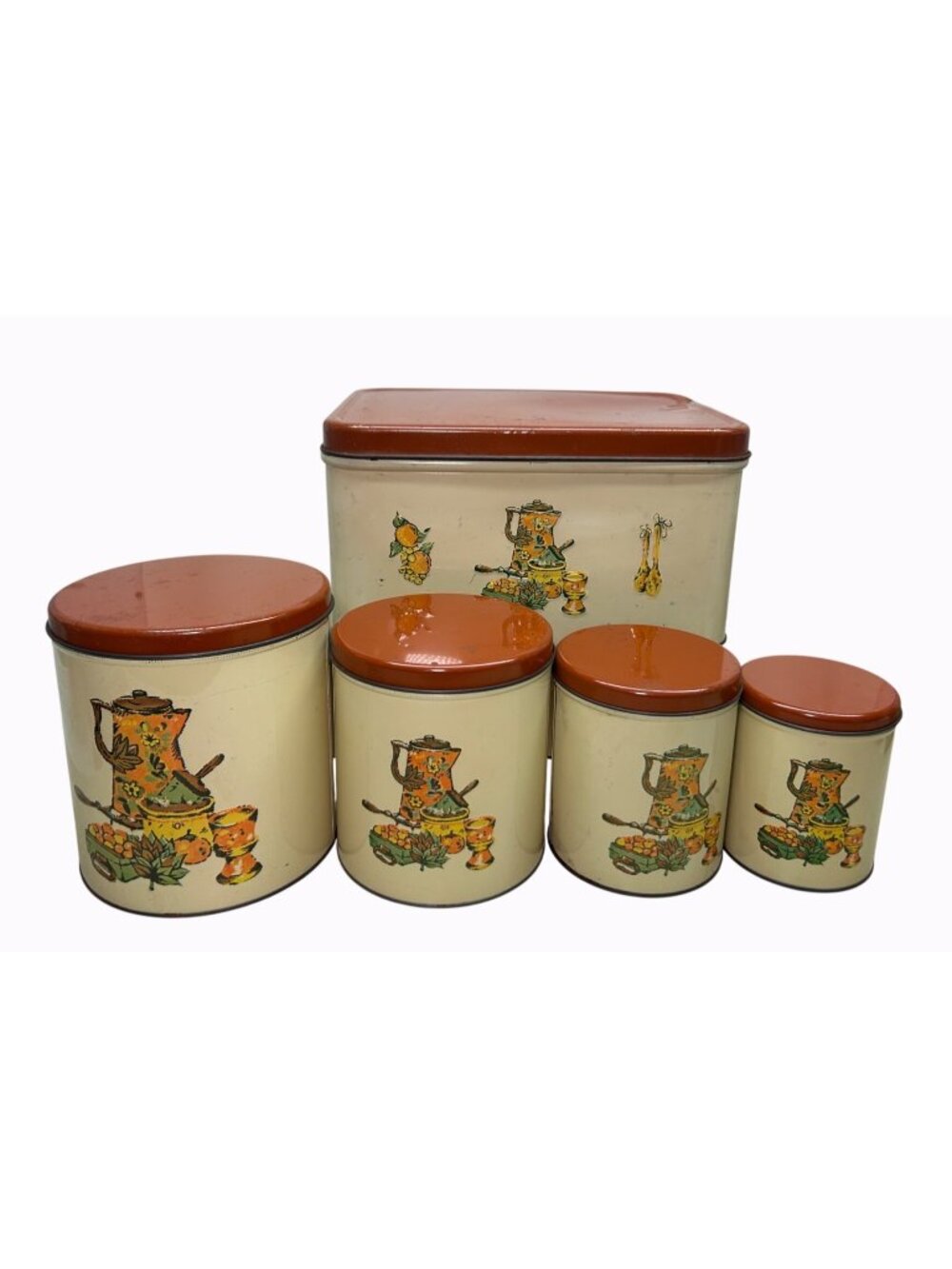 Vintage Decoware Tin Canister Set 5-Piece Coffee Pot & Fruit Motif Cream & Brown